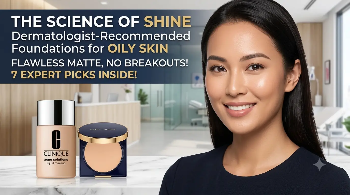 A professional female dermatologist smiling in a clinic next to dermatologist-recommended foundations for oily skin.