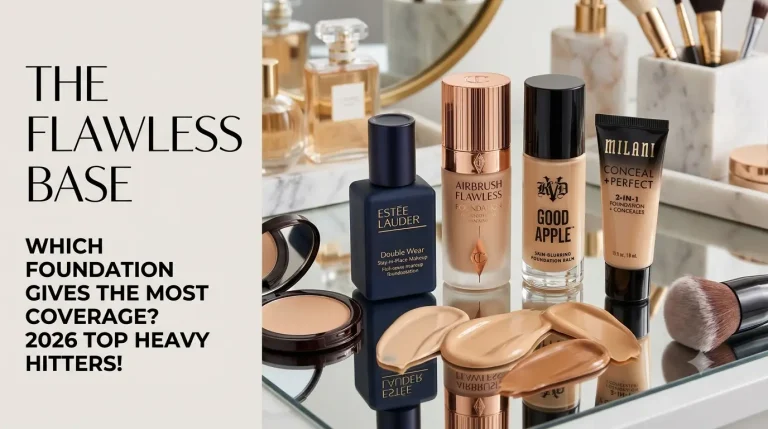 A luxury flat-lay of top full-coverage foundations including Estée Lauder, Charlotte Tilbury, KVD, and Milani on a marble surface.