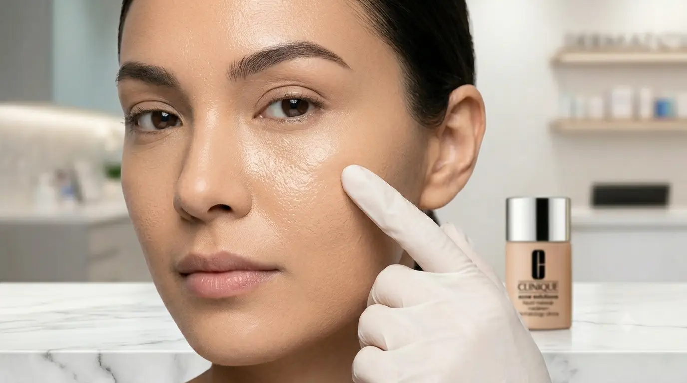 A close-up view of a woman's face showing shiny texture and cakey makeup from incorrect foundation application.