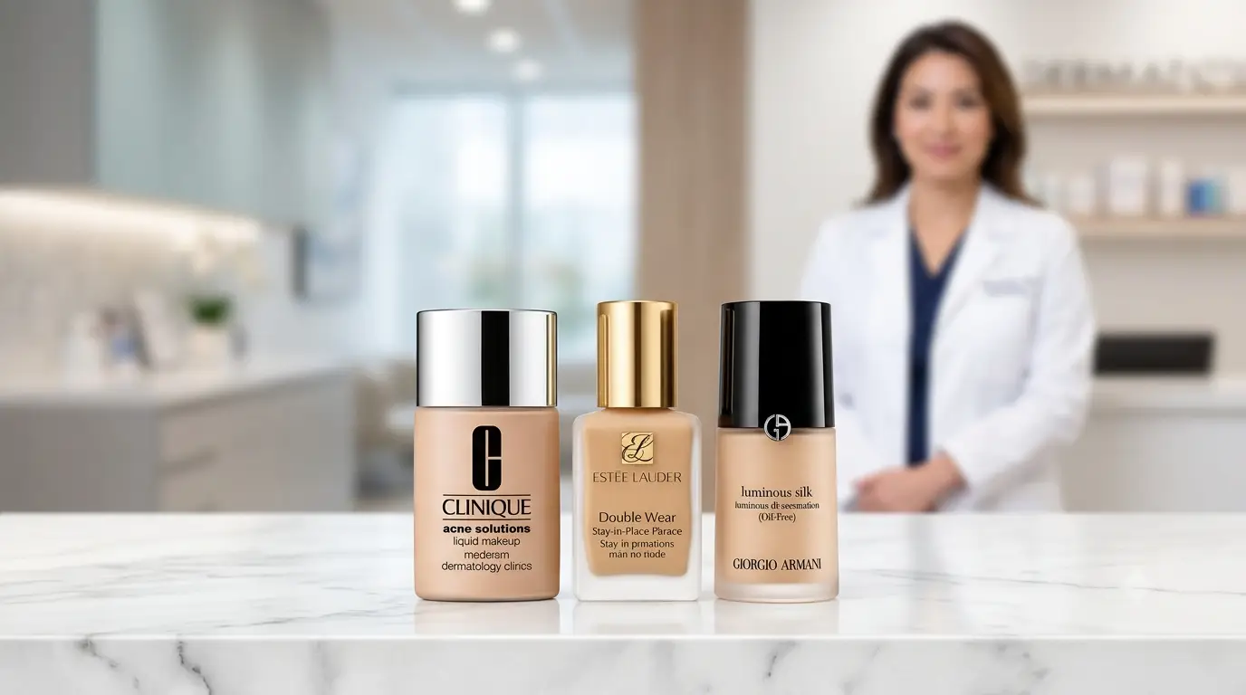 Bottles of Clinique Acne Solutions, Estée Lauder Double Wear, and Giorgio Armani Luminous Silk foundations on a clinic counter