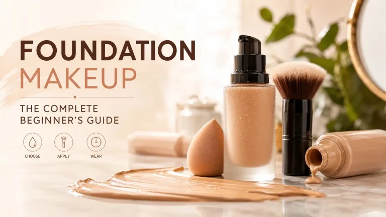 Foundation makeup guide for beginners showing foundation products, makeup brush, and beauty sponge