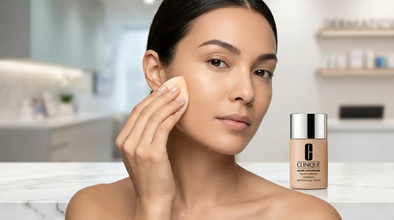 A woman with a flawless matte complexion applying oil-free liquid foundation using a beauty sponge blending tool.