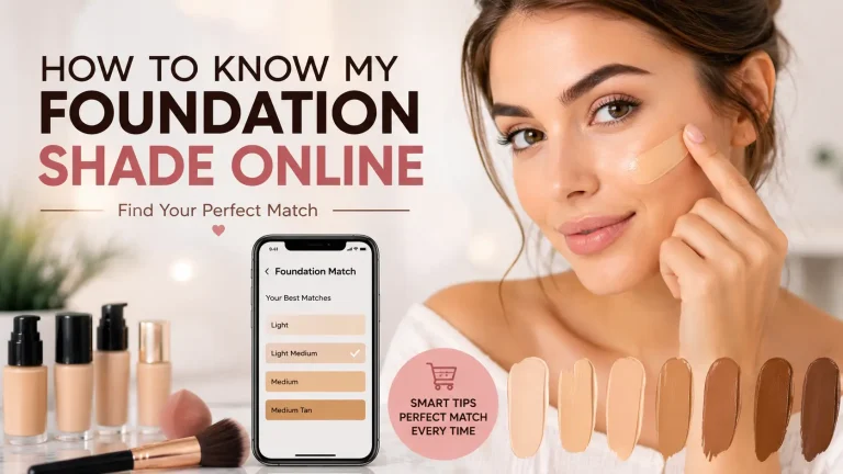 women checking foundation shade online with a foundation shade matching guide and makeup products